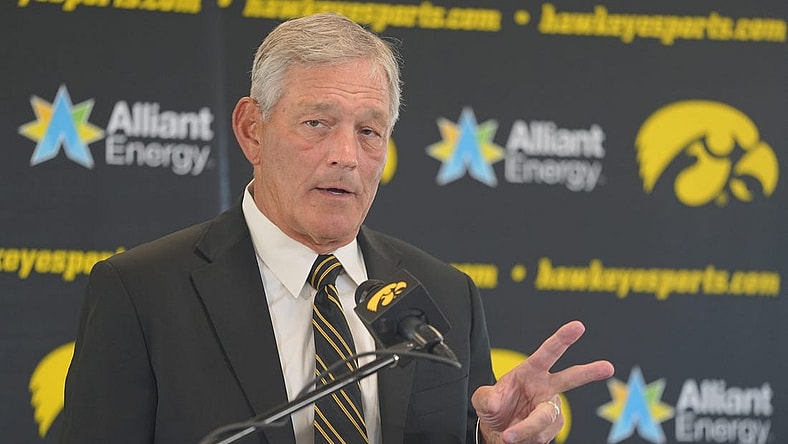 Iowa football coach Kirk Ferentz speaks during the Hawkeyes' media day on Friday, Aug. 11, 2023, in Iowa City.