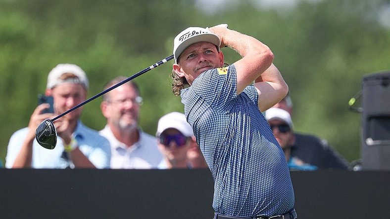 Aug 11, 2023; Bedminster, New Jersey, USA; Cameron Smith plays his shot from the ninth tee during the first round of the LIV Golf Bedminster golf tournament at Trump National Bedminster. Mandatory Credit: Vincent Carchietta-USA TODAY Sports