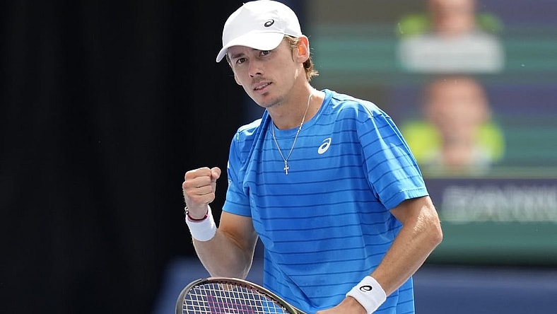 Aug 11, 2023; Toronto, Ontario, Canada; Alex De Minaur (AUS) reacts after a point against Daniil Medvedev (not pictured) at Sobeys Stadium. Mandatory Credit: John E. Sokolowski-USA TODAY Sports