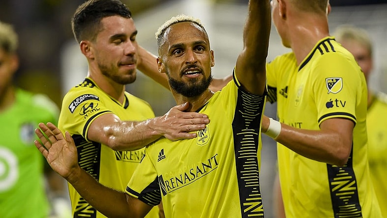 Aug 11, 2023; Nashville, TN, USA; Nashville SC midfielder Hany Mukhtar (10) waves to the crowd after his goal against the Minnesota United during the second half at GEODIS Park. Mandatory Credit: Steve Roberts-USA TODAY Sports