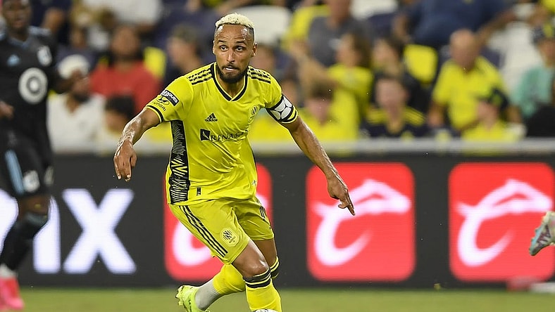 Aug 11, 2023; Nashville, TN, USA; Nashville SC midfielder Hany Mukhtar (10) dribbles the ball against the Minnesota United during the second half at GEODIS Park. Mandatory Credit: Steve Roberts-USA TODAY Sports