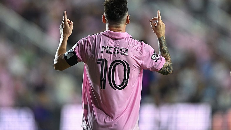 Aug 11, 2023; Fort Lauderdale, FL, USA; Inter Miami CF forward Lionel Messi (10) reacts after scoring a goal in the second half against Charlotte FC at DRV PNK Stadium. Mandatory Credit: Jeremy Reper-USA TODAY Sports