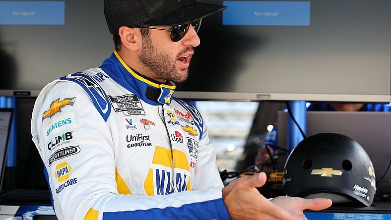 Aug 12, 2023; Speedway, Indiana, USA; NASCAR Cup Series driver Chase Elliott (9) during practice for the Verizon 200 at the Brickyard at Indianapolis Motor Speedway Road Course. Mandatory Credit: Mike Dinovo-USA TODAY Sports