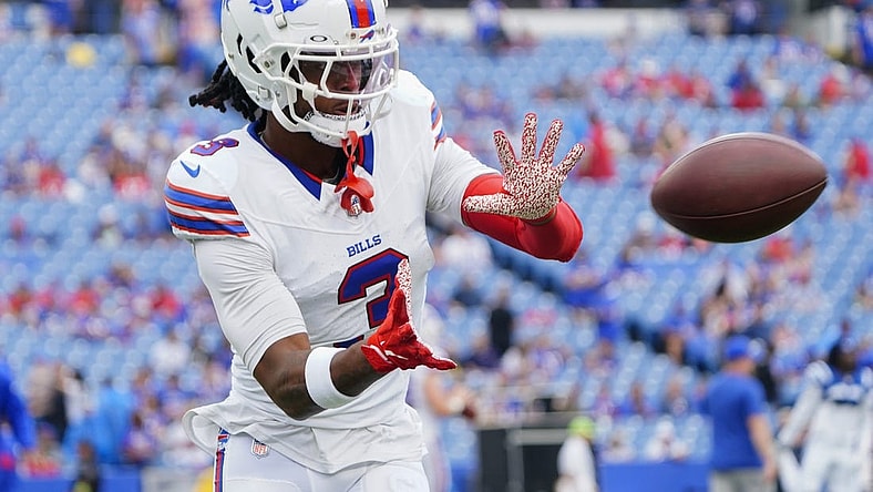 Aug 12, 2023; Orchard Park, New York, USA; Buffalo Bills safety Damar Hamlin (3) warms up prior to the game against the Indianapolis Colts at Highmark Stadium. Mandatory Credit: Gregory Fisher-USA TODAY Sports