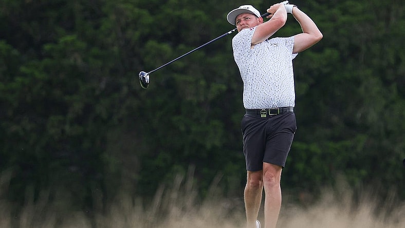 Aug 12, 2023; Bedminster, New Jersey, USA; Cameron Smith plays his driver from the eighth fairway during the second round of the LIV Golf Bedminster golf tournament at Trump National Bedminster. Mandatory Credit: Vincent Carchietta-USA TODAY Sports