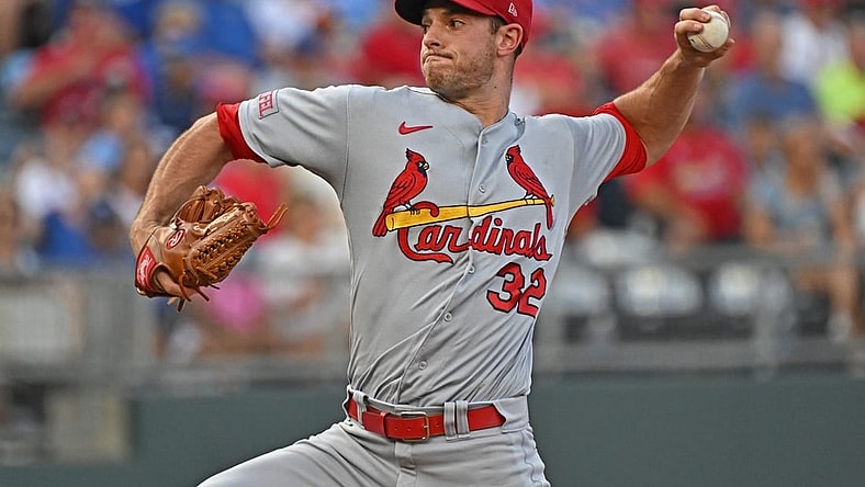 Aug 12, 2023; Kansas City, Missouri, USA;  St. Louis Cardinals starting pitcher Steven Matz (32) delivers a pitch in the first inning against the Kansas City Royals at Kauffman Stadium. Mandatory Credit: Peter Aiken-USA TODAY Sports