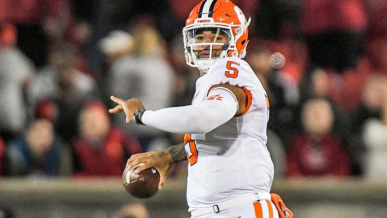 Clemson quarterback D.J. Uiagalelei (5) throws a 46-yard pass to wide receiver Beaux Collins (80) for a touchdown during the first quarter at Cardinal Stadium in Louisville, Kentucky Saturday, November 6, 2021.

Ncaa Football Clemson At Louisville