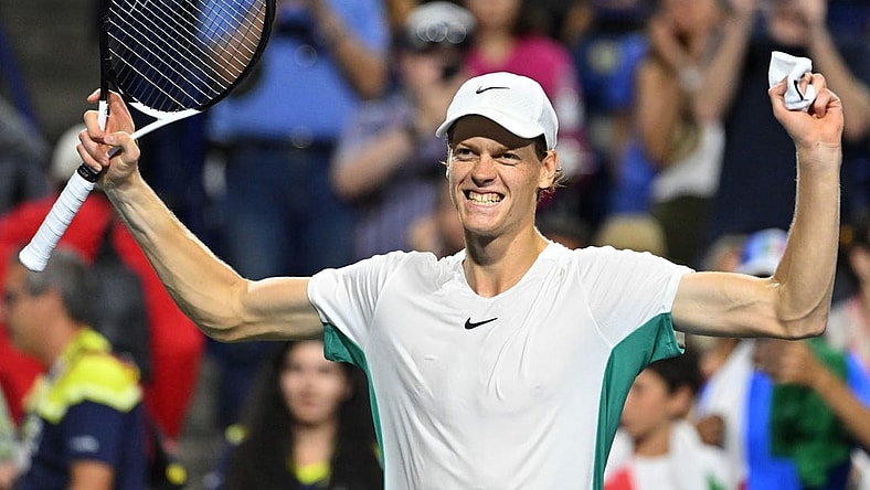 Aug 12, 2023; Toronto, Ontario, Canada; Jannik Sinner (ITA) celebrates after defeating Tommy Paul (USA) (not pictured) in semi-final play at Sobeys Stadium. Mandatory Credit: Dan Hamilton-USA TODAY Sports