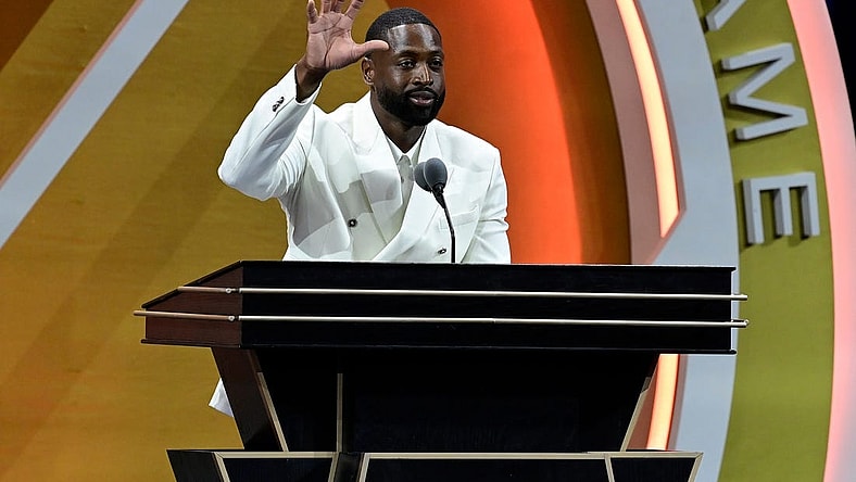 Aug 12, 2023; Springfield, MA, USA;  Dwyane Wade gives his speech as he is inducted into the 2023 Basketball Hall of Fame  at Symphony Hall. Mandatory Credit: Eric Canha-USA TODAY Sports