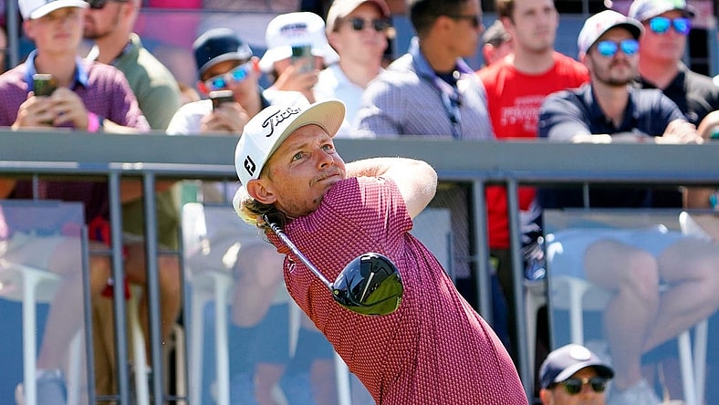 Cameron Smith watches his shot from the first tee during the final round of the LIV Golf Bedminster golf tournament at Trump National Bedminster on Sunday, Aug. 13, 2023.