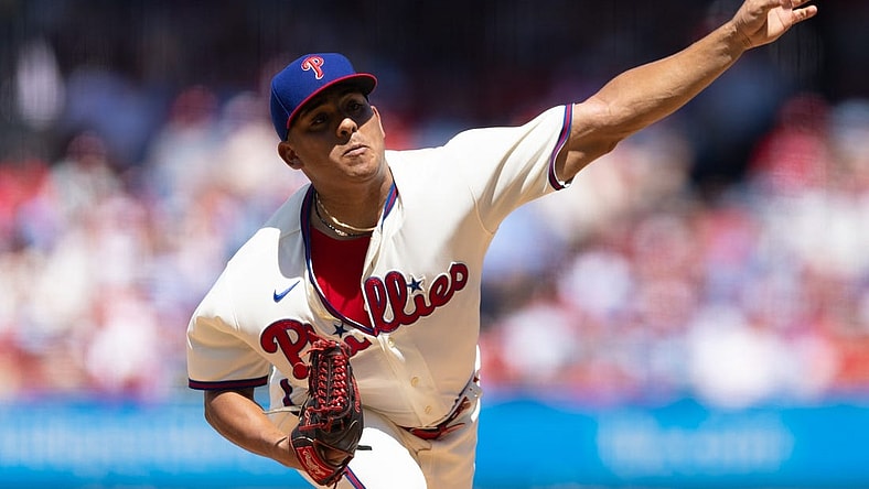 Aug 13, 2023; Philadelphia, Pennsylvania, USA; Philadelphia Phillies starting pitcher Ranger Suarez (55) throws a pitch during the second inning against the Minnesota Twins at Citizens Bank Park. Mandatory Credit: Bill Streicher-USA TODAY Sports