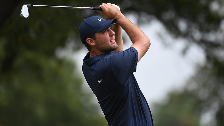 Aug 13, 2023; Memphis, Tennessee, USA; Scottie Scheffler watches his tee shot on the eighth hole during the final round of the FedEx St. Jude Championship golf tournament. Mandatory Credit: Christopher Hanewinckel-USA TODAY Sports