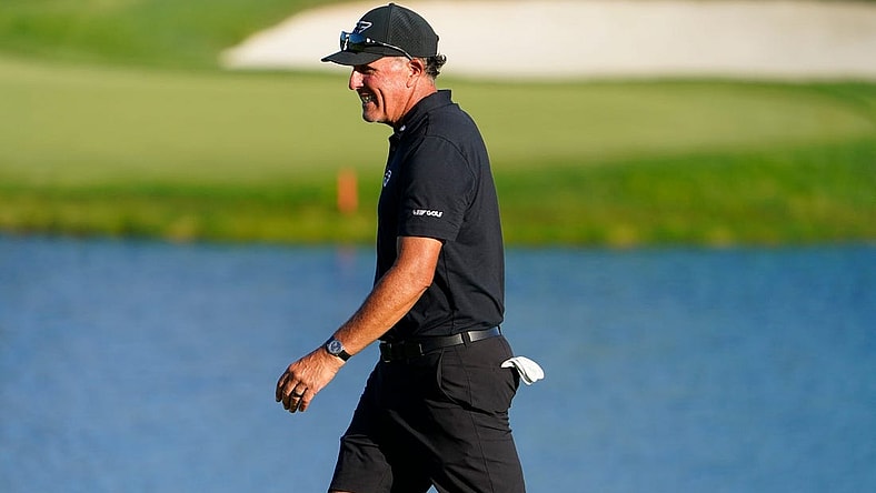 Phil Mickelson reacts to a putt on the 18th green during the final round of the LIV Golf Bedminster golf tournament at Trump National Bedminster on Sunday, Aug. 13, 2023.
