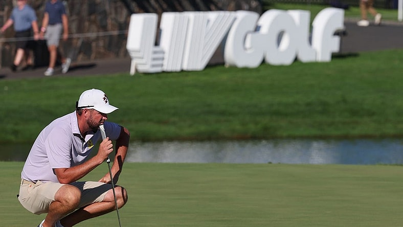 Aug 13, 2023; Bedminster, New Jersey, USA; Marc Leishman looks over his putt on the 18th hole during the final round of the LIV Golf Bedminster golf tournament at Trump National Bedminster. Mandatory Credit: Vincent Carchietta-USA TODAY Sports