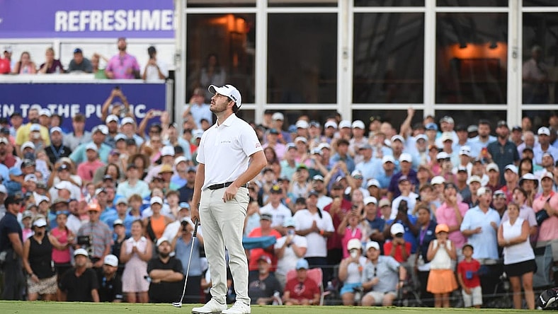 Aug 13, 2023; Memphis, Tennessee, USA; Patrick Cantlay reacts after missing his putt on the first playoff hole to lose against Lucas Glover (not pictured) during the final round of the FedEx St. Jude Championship golf tournament. Mandatory Credit: Christopher Hanewinckel-USA TODAY Sports
