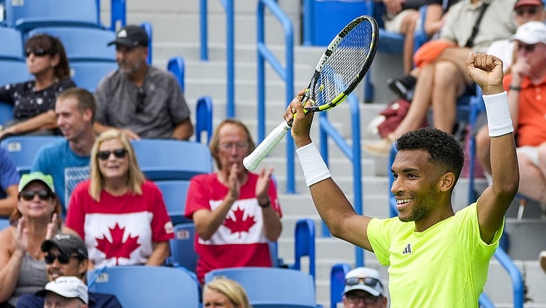 Aug 14, 2023; Mason, OH, USA; Felix Auger-Aliassime (CAN) celebrates winning against Matteo Berrettin (ITA) (not pictured) during the Western & Southern Open at Lindner Family Tennis Center. Mandatory Credit: Carter Skaggs-USA TODAY Sports