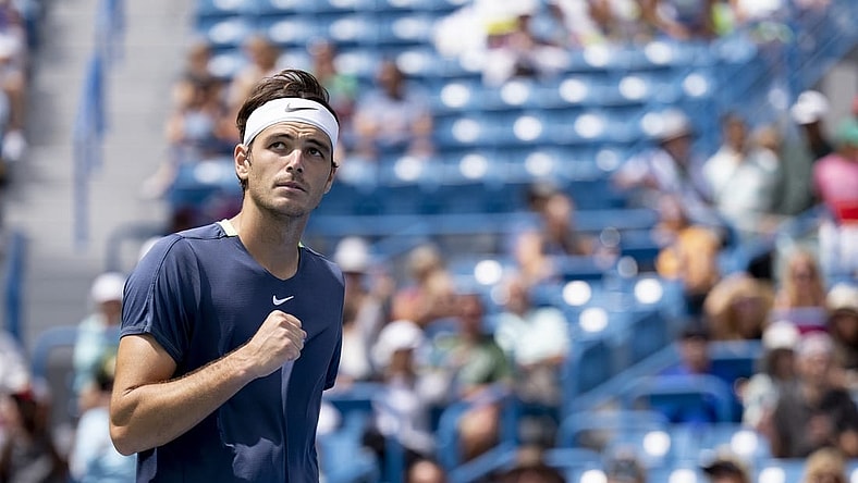 Aug 15, 2023; Mason, OH, USA; Taylor Fritz, of the United States, reacts to defeating Jiri Lehecka, of Czech Republic, during the Western & Southern Open at Lindner Family Tennis Center. Mandatory Credit: Albert Cesare-USA TODAY Sports