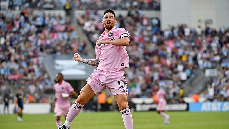 Aug 15, 2023; Chester, PA, USA; Inter Miami CF forward Lionel Messi (10) celebrates after scoring a goal against the Philadelphia Union during the first half at Subaru Park. Mandatory Credit: Eric Hartline-USA TODAY Sports
