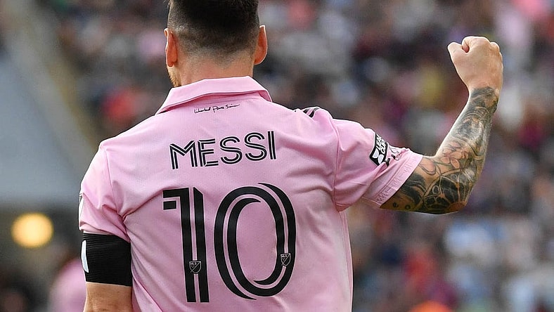 Aug 15, 2023; Chester, PA, USA; Inter Miami CF forward Lionel Messi (10) celebrates after scoring a goal against the Philadelphia Union during the first half at Subaru Park. Mandatory Credit: Eric Hartline-USA TODAY Sports