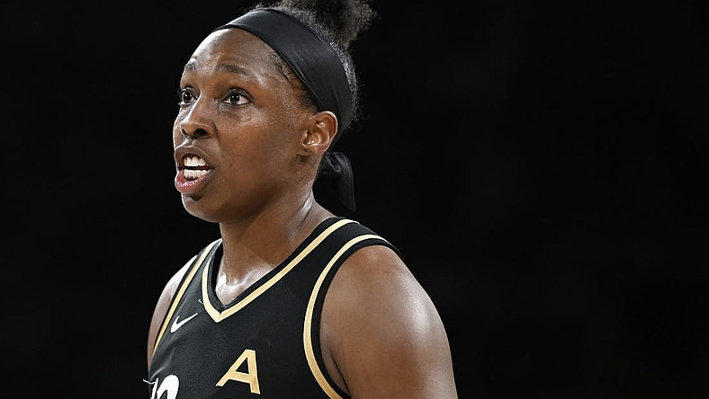 Aug 15, 2023; Las Vegas, Nevada, USA; Las Vegas Aces guard Chelsea Gray (12) during the second quarter in the game against the New York Liberty at Michelob Ultra Arena. Mandatory Credit: Candice Ward-USA TODAY Sports