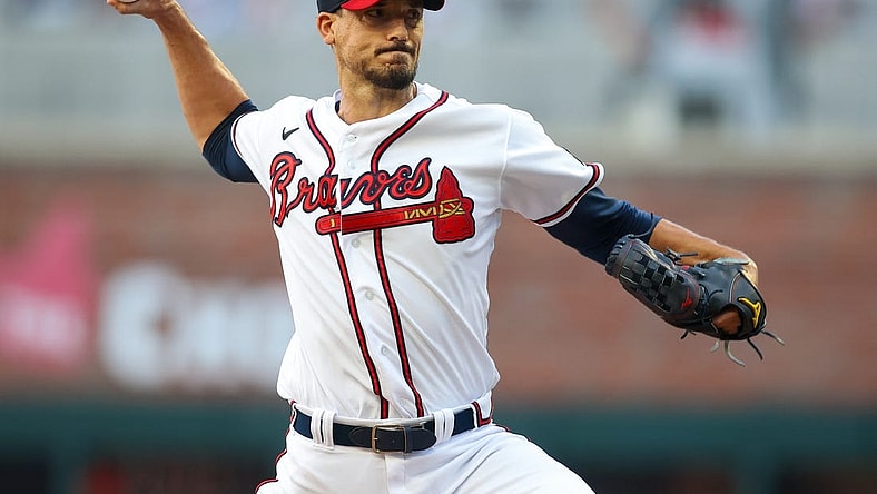 Aug 16, 2023; Atlanta, Georgia, USA; Atlanta Braves starting pitcher Charlie Morton (50) throws against the New York Yankees in the first inning at Truist Park. Mandatory Credit: Brett Davis-USA TODAY Sports