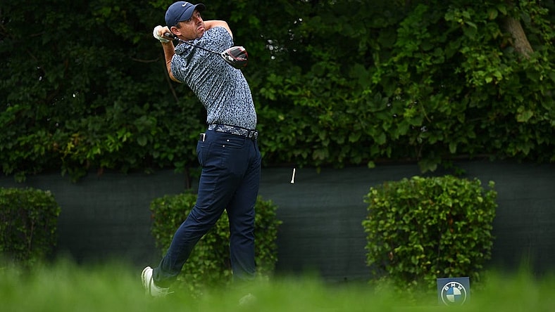 Aug 17, 2023; Olympia Fields, Illinois, USA; Rory McIlroy tees off from the second tee during the first round of the BMW Championship golf tournament. Mandatory Credit: Jamie Sabau-USA TODAY Sports