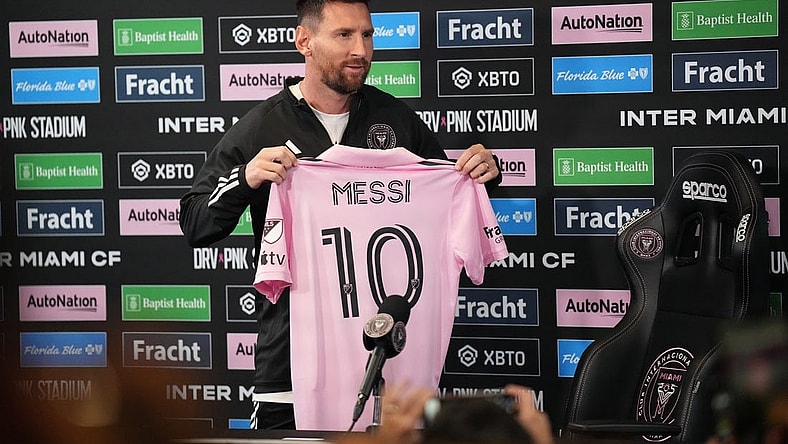 Aug 17, 2023; Ft. Lauderdale, FL, USA;  Lionel Messi of Inter Miami CF addresses the media at the DRV PNK Stadium Press Conference Room. Mandatory Credit: Jim Rassol-USA TODAY Sports