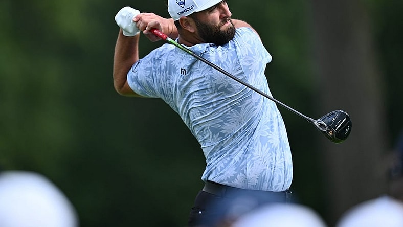 Aug 17, 2023; Olympia Fields, Illinois, USA; Jon Rahm tees off from the 7th tee during the first round of the BMW Championship golf tournament. Mandatory Credit: Jamie Sabau-USA TODAY Sports