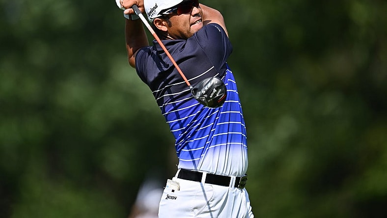 Aug 17, 2023; Olympia Fields, Illinois, USA; Hideki Matsuyama tees off from the 15th tee during the first round of the BMW Championship golf tournament. Mandatory Credit: Jamie Sabau-USA TODAY Sports
