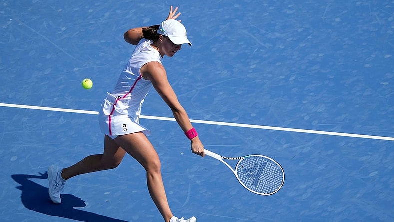 Iga Swiatek of Poland, ranked number one, beat Marketa Vondrousova of the Czech Republic, 7-6(3), 6-1 during the quarterfinals of the Western & Southern Open at the Lindner Family Tennis Center in Mason Friday, August, 18, 2023.
