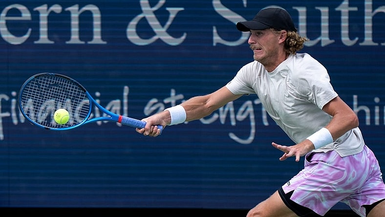 Max Purcell of Australia, hits a forehand to Carlos Alcaraz of Spain during the quarterfinals of the Western & Southern Open at the Lindner Family Tennis Center in Mason Friday, August, 18, 2023.