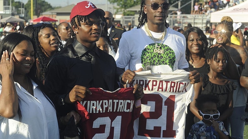 Gadsden City high football safety Dre Kirkpatrick commits to Alabama during a ceremony at the school, following his fathers footsteps on Friday, August 18, 2023.