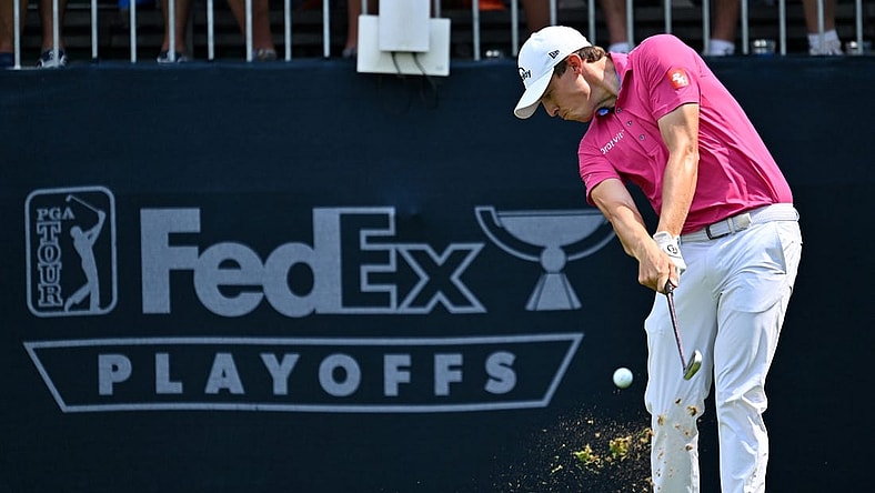 Aug 18, 2023; Olympia Fields, Illinois, USA; Matt Fitzpatrick tees off from the 16th tee during the second round of the BMW Championship golf tournament. Mandatory Credit: Jamie Sabau-USA TODAY Sports