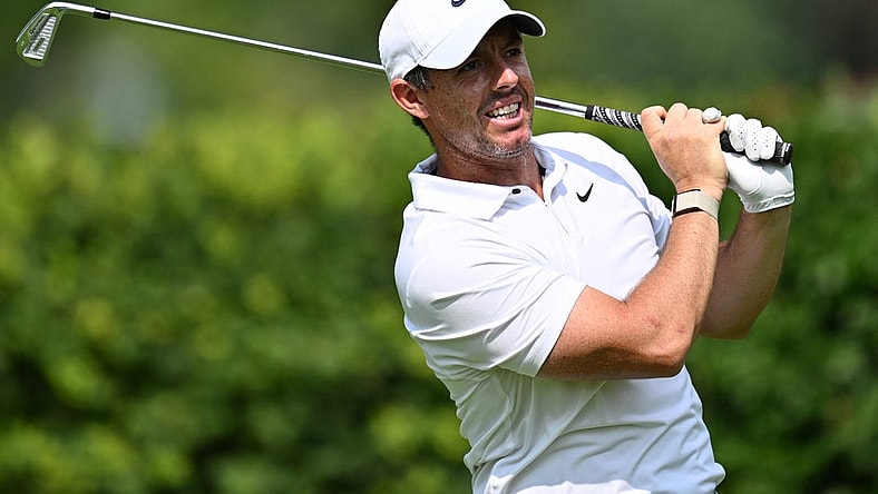 Aug 18, 2023; Olympia Fields, Illinois, USA; Rory McIlroy tees off from the12th tee during the second round of the BMW Championship golf tournament. Mandatory Credit: Jamie Sabau-USA TODAY Sports