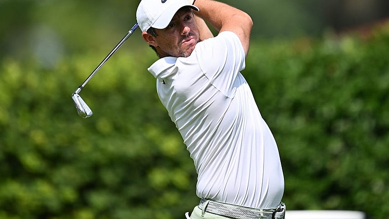 Aug 18, 2023; Olympia Fields, Illinois, USA; Rory McIlroy tees off from the12th tee during the second round of the BMW Championship golf tournament. Mandatory Credit: Jamie Sabau-USA TODAY Sports