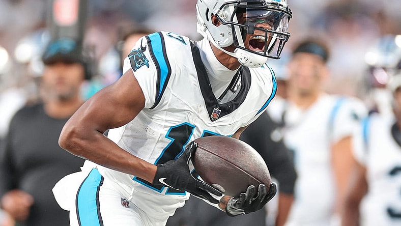 Aug 18, 2023; East Rutherford, New Jersey, USA; Carolina Panthers wide receiver DJ Chark Jr. (17) reacts after a catch during the first half against the New York Giants at MetLife Stadium. Mandatory Credit: Vincent Carchietta-USA TODAY Sports