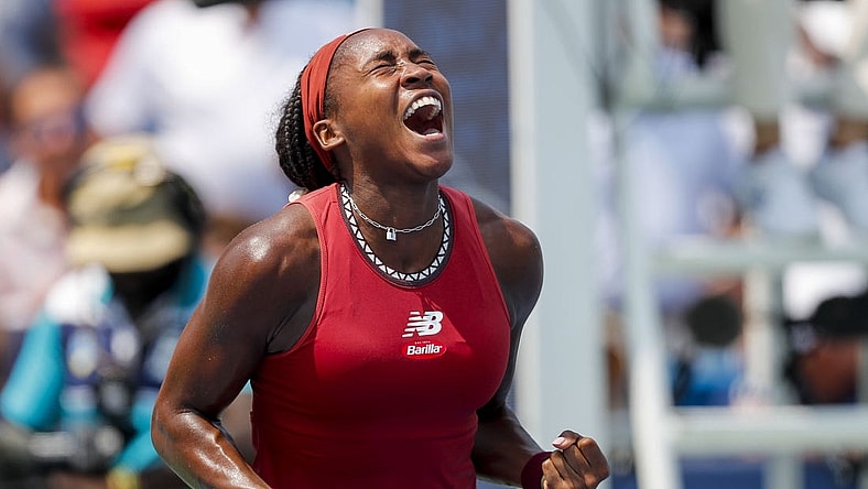 Aug 19, 2023; Mason, OH, USA; Coco Gauff (USA) reacts to winning the match over Iga Swiatek (POL) during the Western and Southern Open tennis tournament at Lindner Family Tennis Center. Mandatory Credit: Katie Stratman-USA TODAY Sports