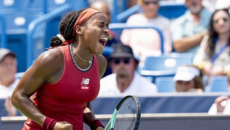 Aug 19, 2023; Mason, OH, USA; Coco Gauff, of the United States, celebrates after winning a point against Iga Swi  tek, of Poland, in their semifinal match at the Western & Southern Open at the Lindner Family Tennis Center. Mandatory Credit: Albert Cesare-USA TODAY Sports