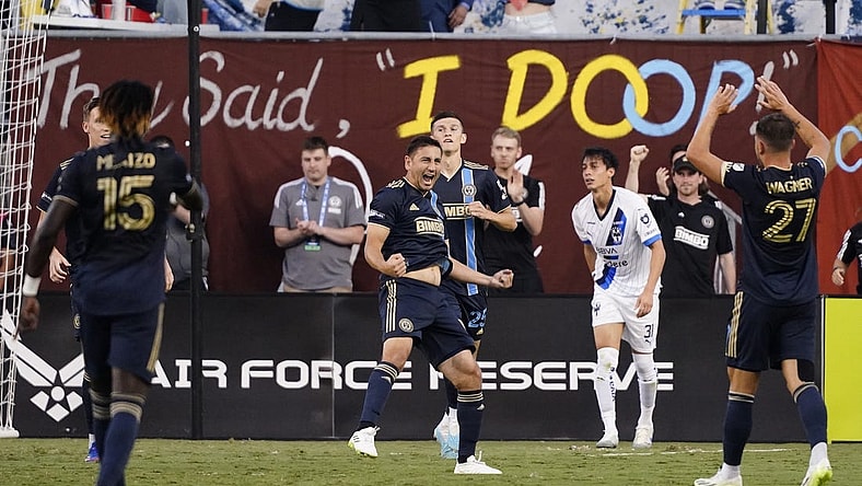 Aug 19, 2023; Chester, PA, USA; Philadelphia Union midfielder Alejandro Bedoya (left) celebrates with teammates after scoring a goal against CF Monterrey during the second half at Subaru Park. Mandatory Credit: Gregory Fisher-USA TODAY Sports