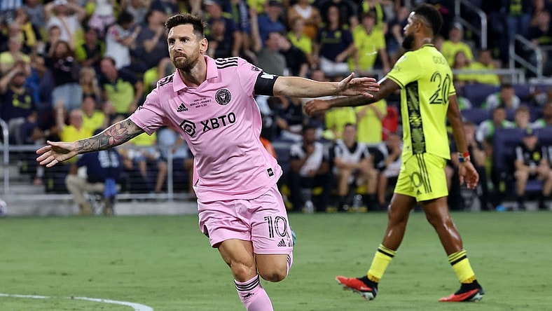 Aug 19, 2023; Nashville, TN, USA; Inter Miami forward Lionel Messi (10) reacts after scoring a goal against Nashville SC during he first half for the Leagues Cup Championship match at GEODIS Park. Mandatory Credit: Vasha Hunt-USA TODAY Sports