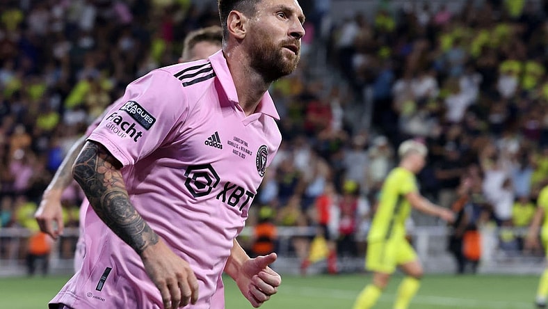 Aug 19, 2023; Nashville, TN, USA; Inter Miami forward Lionel Messi (10) reacts after scoring a goal against Nashville SC during he first half for the Leagues Cup Championship match at GEODIS Park.  Mandatory Credit: Vasha Hunt-USA TODAY Sports