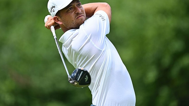 Aug 20, 2023; Olympia Fields, Illinois, USA; Xander Schauffele tees off from the 3rd tee during the final round of the BMW Championship golf tournament. Mandatory Credit: Jamie Sabau-USA TODAY Sports