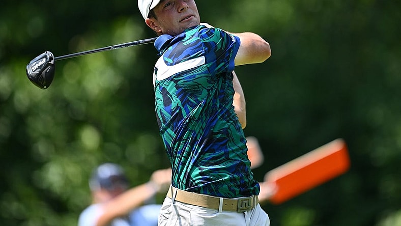 Aug 20, 2023; Olympia Fields, Illinois, USA; Viktor Hovland tees off from the 3rd tee during the final round of the BMW Championship golf tournament. Mandatory Credit: Jamie Sabau-USA TODAY Sports