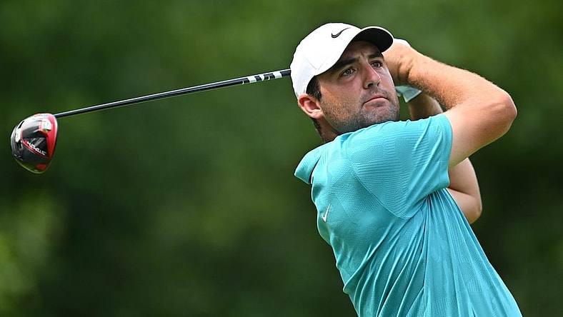 Aug 20, 2023; Olympia Fields, Illinois, USA; Scottie Scheffler tees off from the 3rd tee during the final round of the BMW Championship golf tournament. Mandatory Credit: Jamie Sabau-USA TODAY Sports