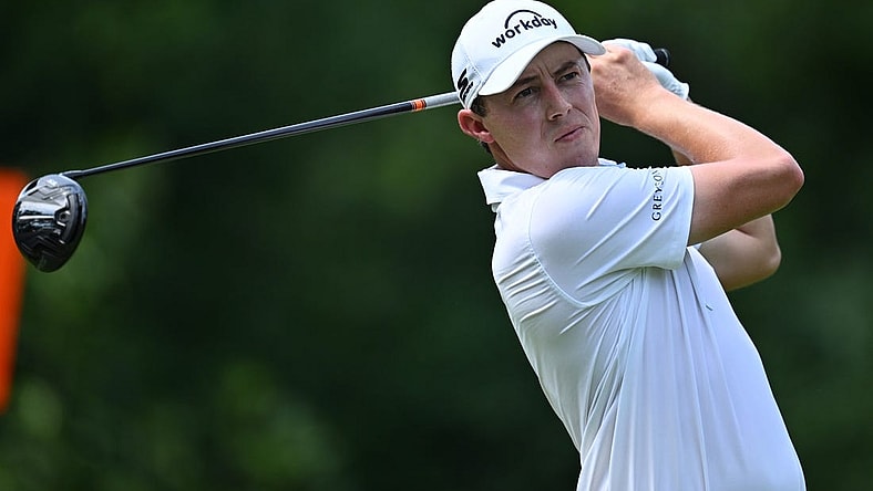 Aug 20, 2023; Olympia Fields, Illinois, USA; Matt Fitzpatrick tees off from the 3rd tee during the final round of the BMW Championship golf tournament. Mandatory Credit: Jamie Sabau-USA TODAY Sports