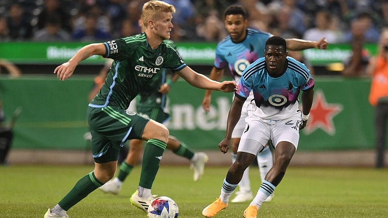 Aug 20, 2023; New Rochelle, New York, USA; New York City FC forward Andres Jasson (21) controls the ball during the first half at City Field. Mandatory Credit: Jonathan Jones-USA TODAY Sports