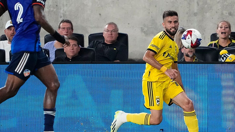 Aug 20, 2023; Columbus, Ohio, USA; Columbus Crew forward Diego Rossi (10) chases down a ball during the second half of the MLS soccer match against FC Cincinnati at Lower.com Field. The Crew won 3-0.