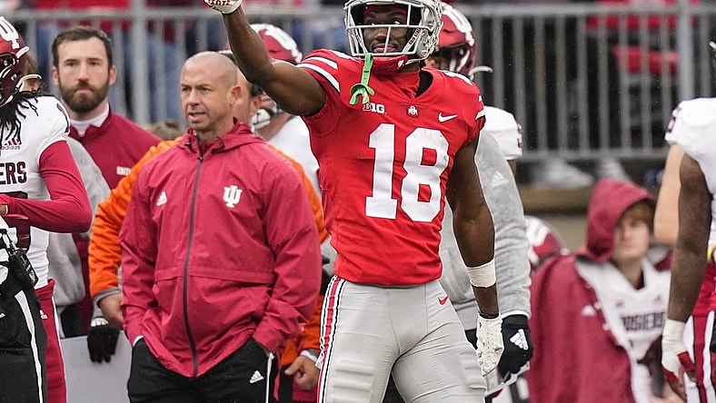 Nov 12, 2022; Columbus, Ohio, USA; Ohio State Buckeyes wide receiver Marvin Harrison Jr. (18) celebrates a first down catch during the first half of the NCAA football game against the Indiana Hoosiers at Ohio Stadium. Mandatory Credit: Adam Cairns-The Columbus Dispatch