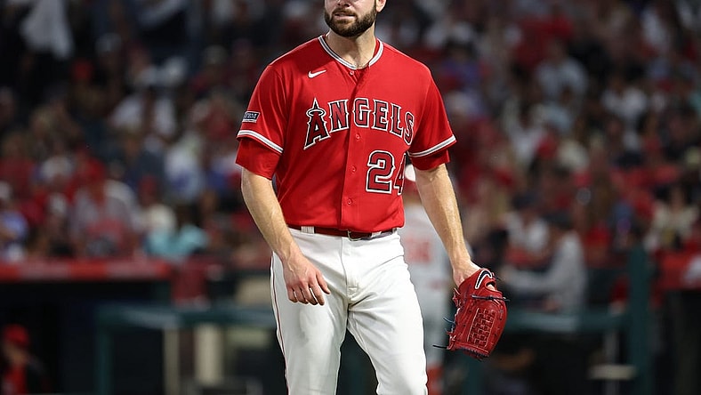 Aug 22, 2023; Anaheim, California, USA; Los Angeles Angels starting pitcher Lucas Giolito (24) reacts after pitching the fifth inning against the Cincinnati Reds at Angel Stadium. Mandatory Credit: Kiyoshi Mio-USA TODAY Sports