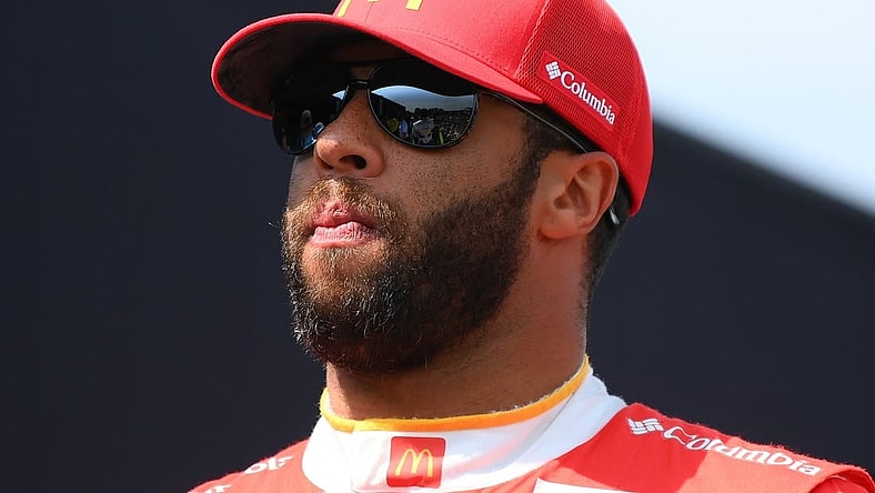 Aug 20, 2023; Watkins Glen, New York, USA; NASCAR Cup Series driver Bubba Wallace (23) prior to the Go Bowling at The Glen at Watkins Glen International. Mandatory Credit: Rich Barnes-USA TODAY Sports